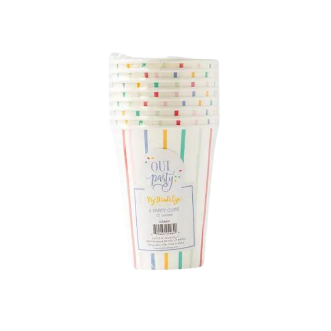 Multicolor striped paper cups with confetti print birthday from Parte Haus party supply store in Bethesda MD
