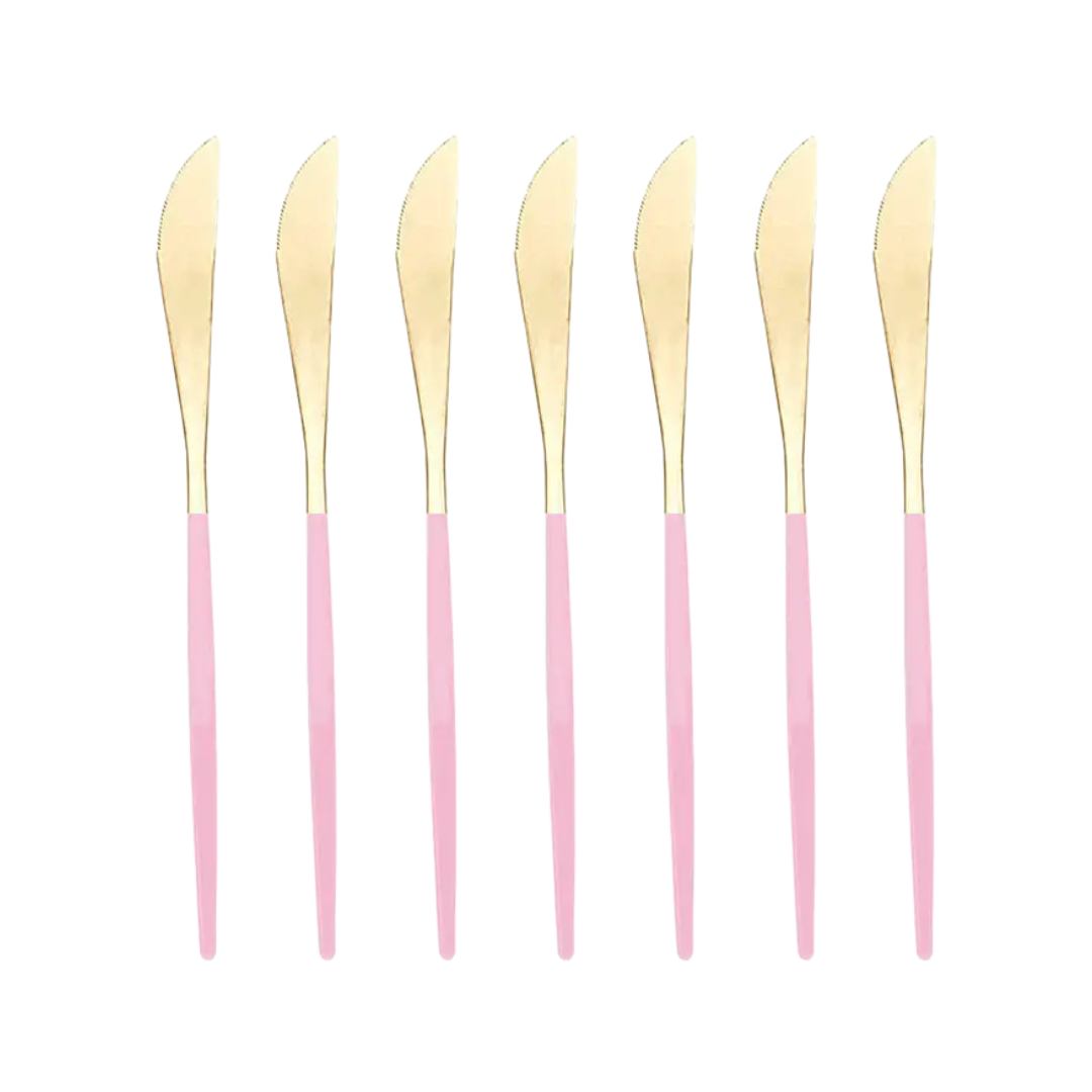 Pink and gold cheese knives with sleek modern handles for birthday celebration from Parte Haus party supply store in Bethesda MD