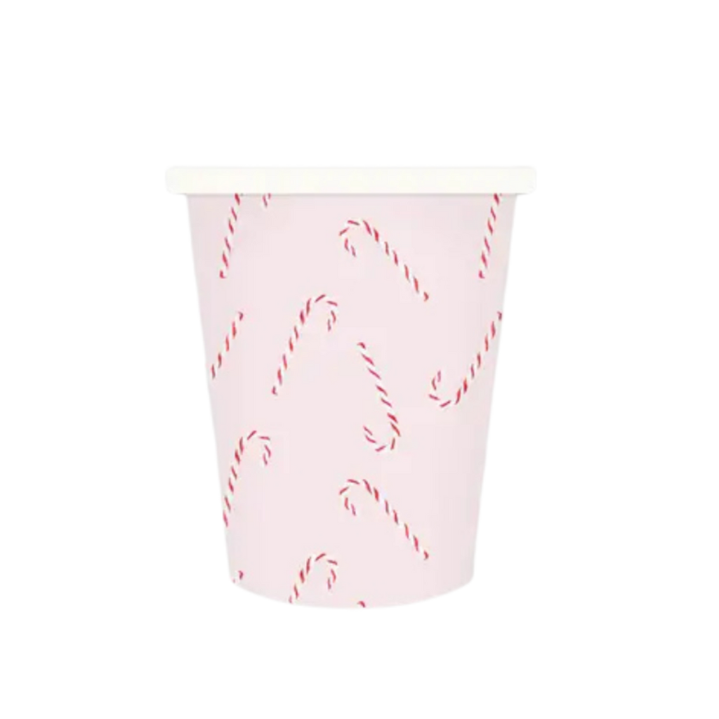 Pink paper cup with red candy cane print for Christmas from Parte Haus party supply store in Bethesda Maryland