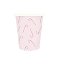 Pink paper cup with red candy cane print for Christmas from Parte Haus party supply store in Bethesda Maryland