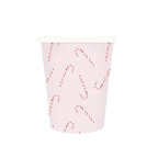 Pink paper cup with red candy cane print for Christmas from Parte Haus party supply store in Bethesda Maryland
