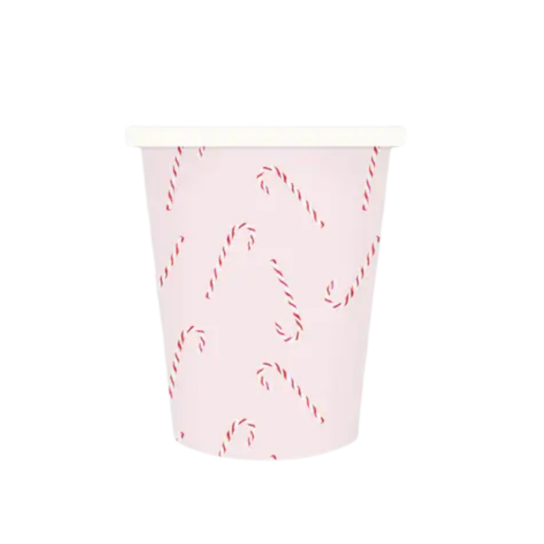 Pink paper cup with red candy cane print for Christmas from Parte Haus party supply store in Bethesda Maryland