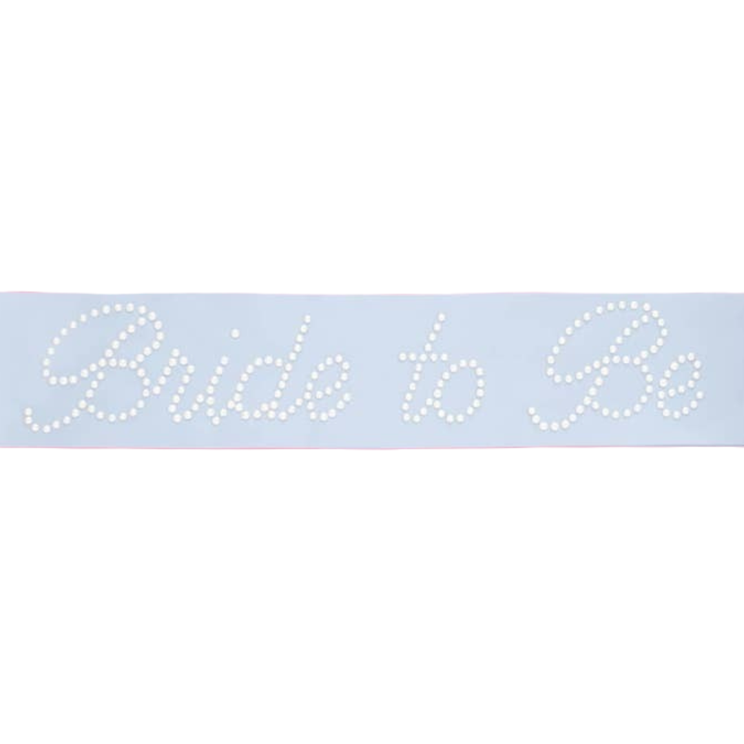 White bride to be sash with pearl accents for bachelorette from Parte Haus party supply store in Bethesda MD