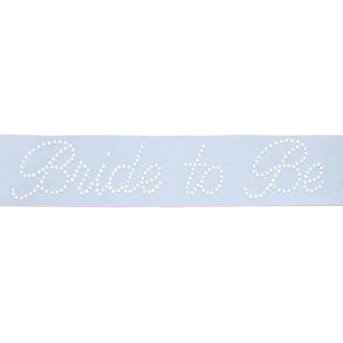 White bride to be sash with pearl accents for bachelorette from Parte Haus party supply store in Bethesda MD