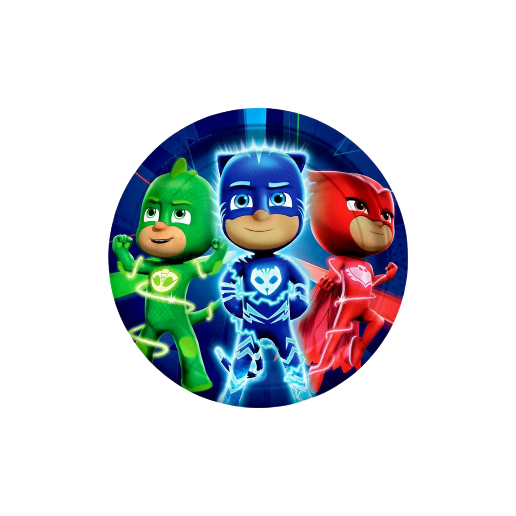 Green blue and red PJ Masks round plate cartoon heroes birthday theme from Parte Haus party supply store in Bethesda MD