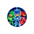 Green blue and red PJ Masks round plate cartoon heroes birthday theme from Parte Haus party supply store in Bethesda MD