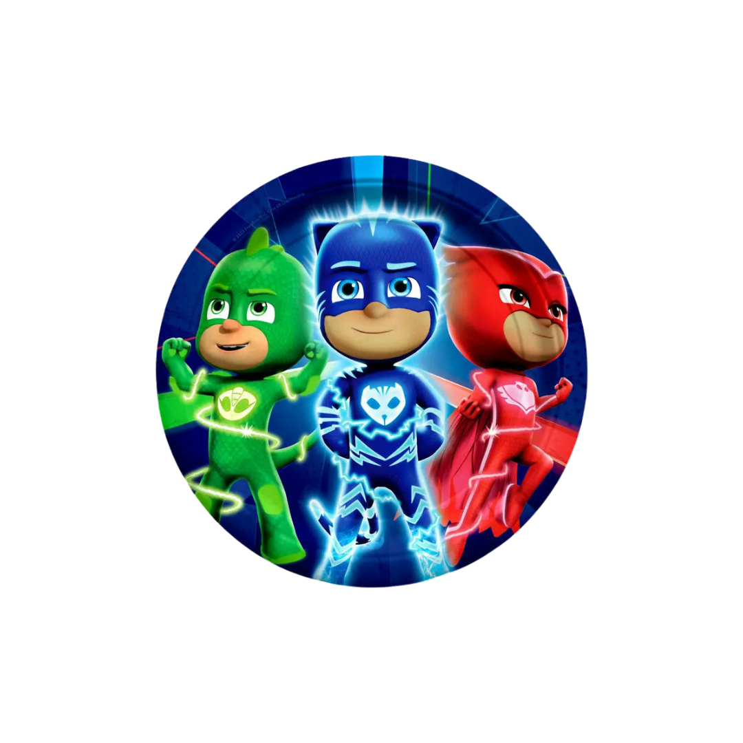 Green blue and red PJ Masks round plate cartoon heroes birthday theme from Parte Haus party supply store in Bethesda MD