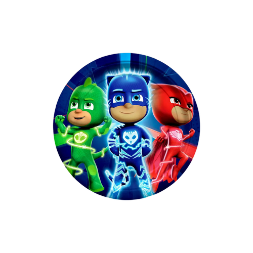 Green blue and red PJ Masks round plate cartoon heroes birthday theme from Parte Haus party supply store in Bethesda MD