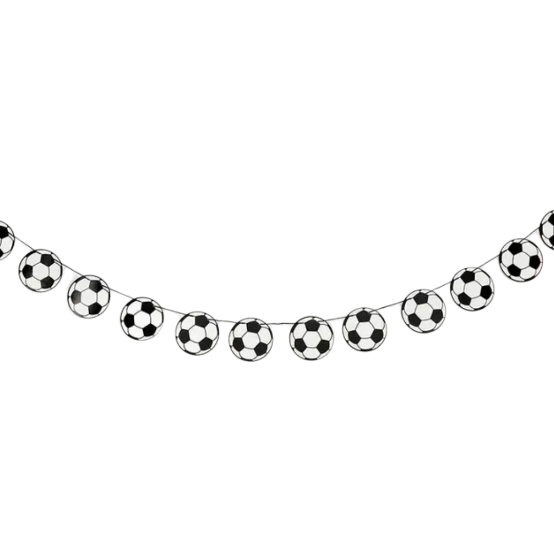black and white soccer ball banner garland with round shapes sports birthday decor from Parte Haus party supply store in Bethesda MD