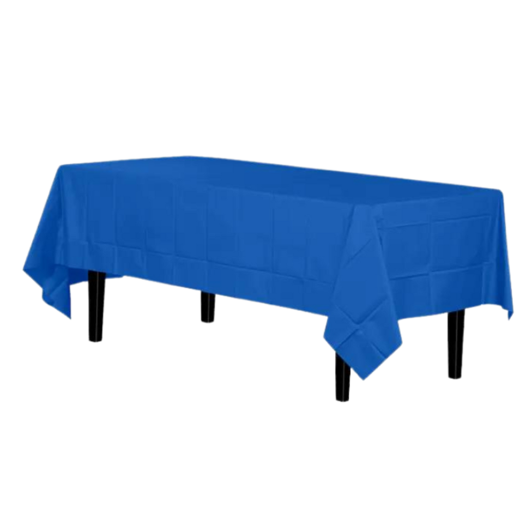 Royal blue table cover rectangular plastic for birthdays or events from Parte Haus party supply store in Bethesda MD