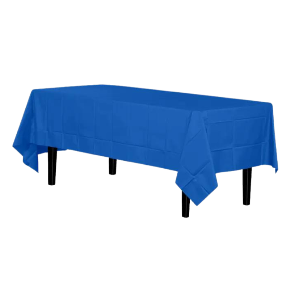 Royal blue table cover rectangular plastic for birthdays or events from Parte Haus party supply store in Bethesda MD