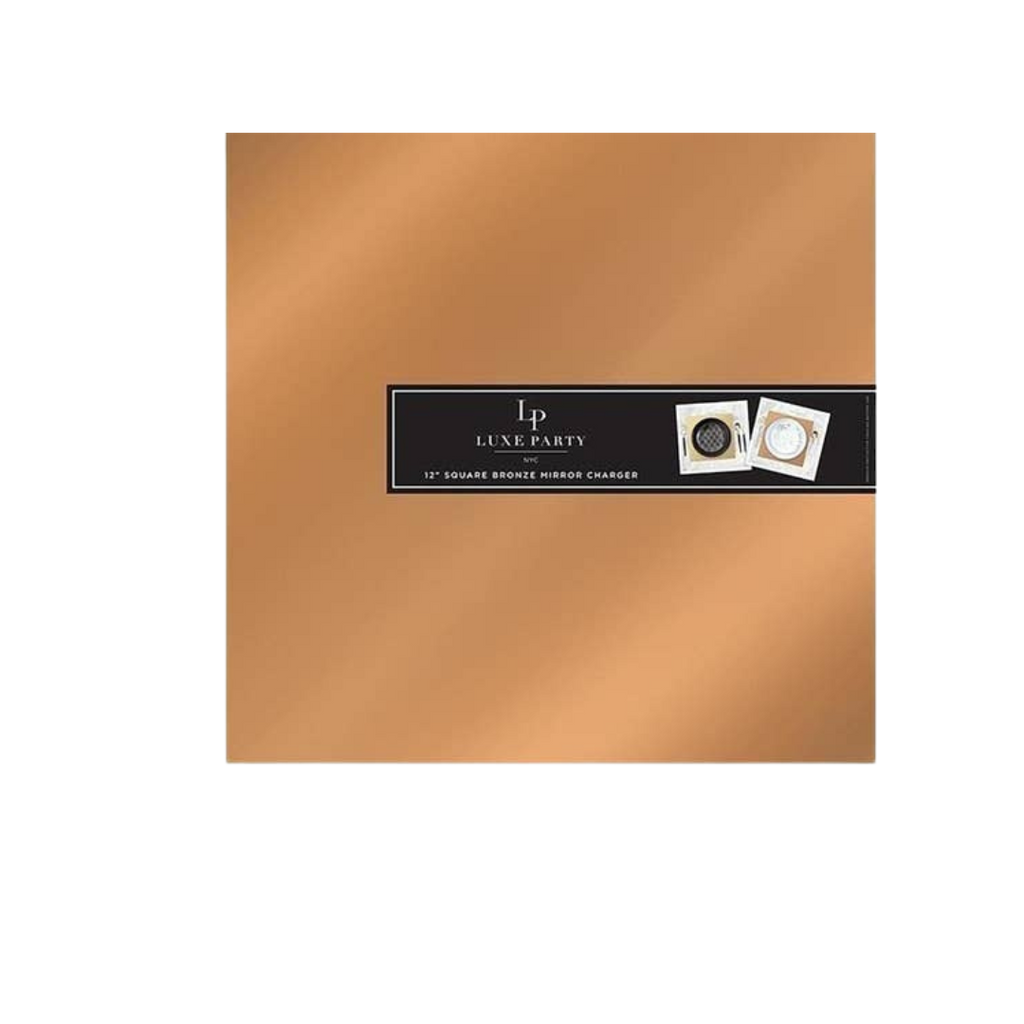 Bronze square mirror charger plate with luxe party label for elegant events from Parte Haus party supply store in Bethesda Maryland