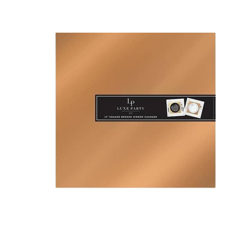 Bronze square mirror charger plate with luxe party label for elegant events from Parte Haus party supply store in Bethesda Maryland