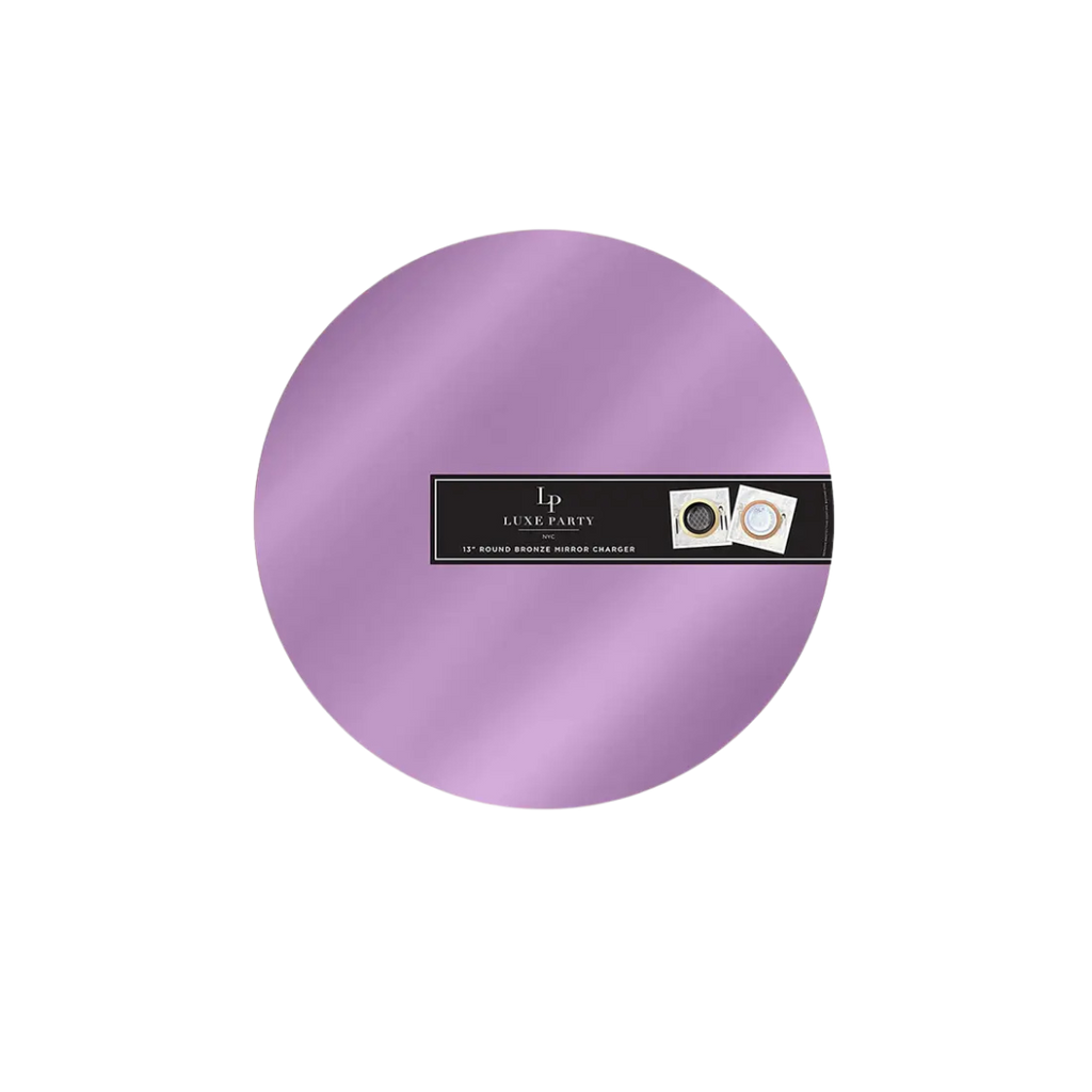 Purple round charger plate with mirror finish for elegant celebration from Parte Haus party supply store in Bethesda MD