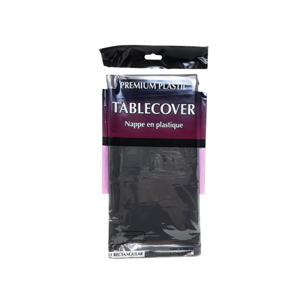 Black plastic tablecover in retail packaging for birthday or event from Parte Haus party supply store in Bethesda MD