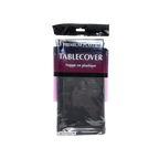 Black plastic tablecover in retail packaging for birthday or event from Parte Haus party supply store in Bethesda MD