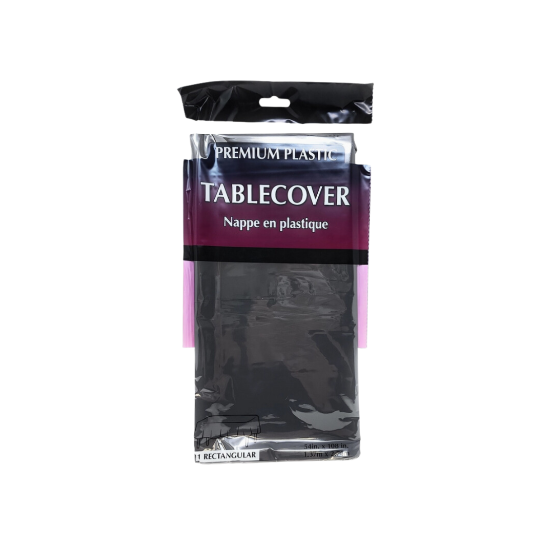 Black plastic tablecover in retail packaging for birthday or event from Parte Haus party supply store in Bethesda MD
