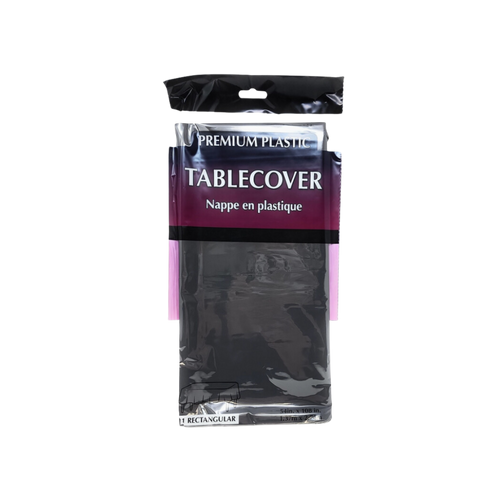 Black plastic tablecover in retail packaging for birthday or event from Parte Haus party supply store in Bethesda MD
