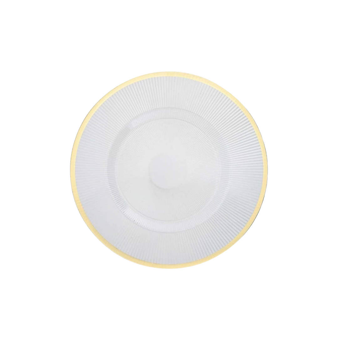 White and gold round plate with ribbed texture elegant tableware from Parte Haus party supply store in Bethesda Maryland
