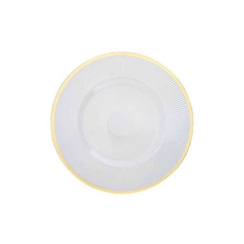 White and gold round plate with ribbed texture elegant tableware from Parte Haus party supply store in Bethesda Maryland