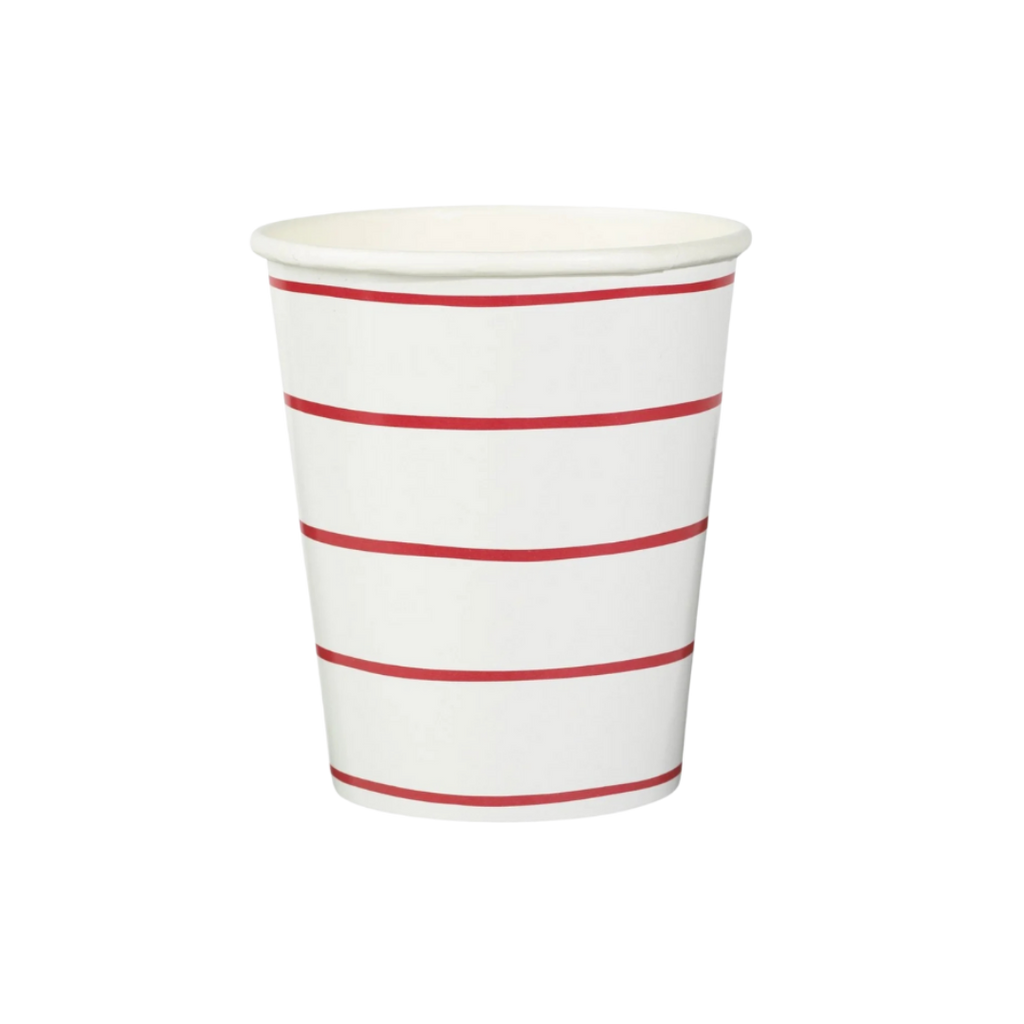 Red and white striped paper cup for celebrations from Parte Haus party supply store in Bethesda Maryland