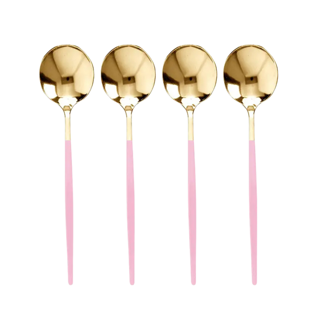 Pink and gold dessert spoons set modern design for birthdays from Parte Haus party supply store in Bethesda MD