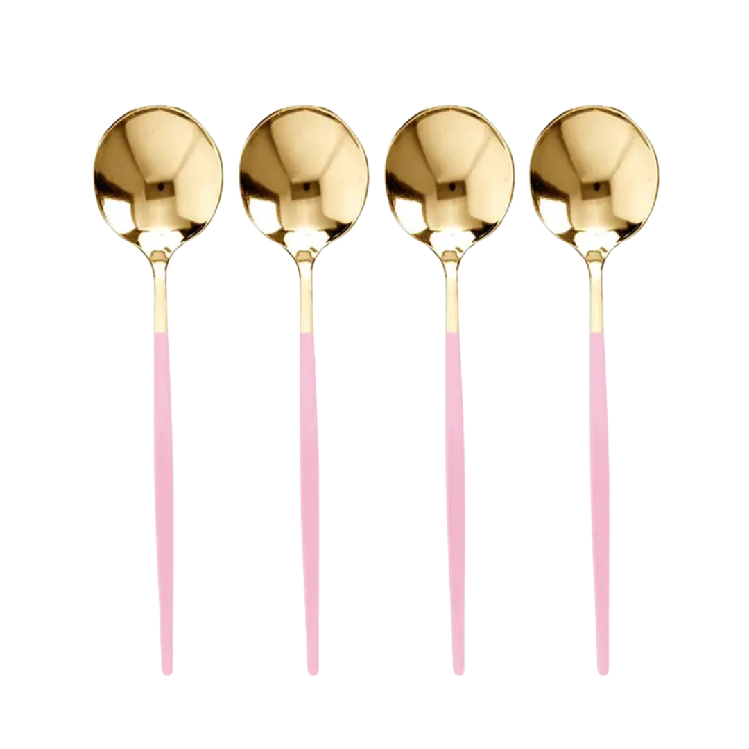 Pink and gold dessert spoons set modern design for birthdays from Parte Haus party supply store in Bethesda MD
