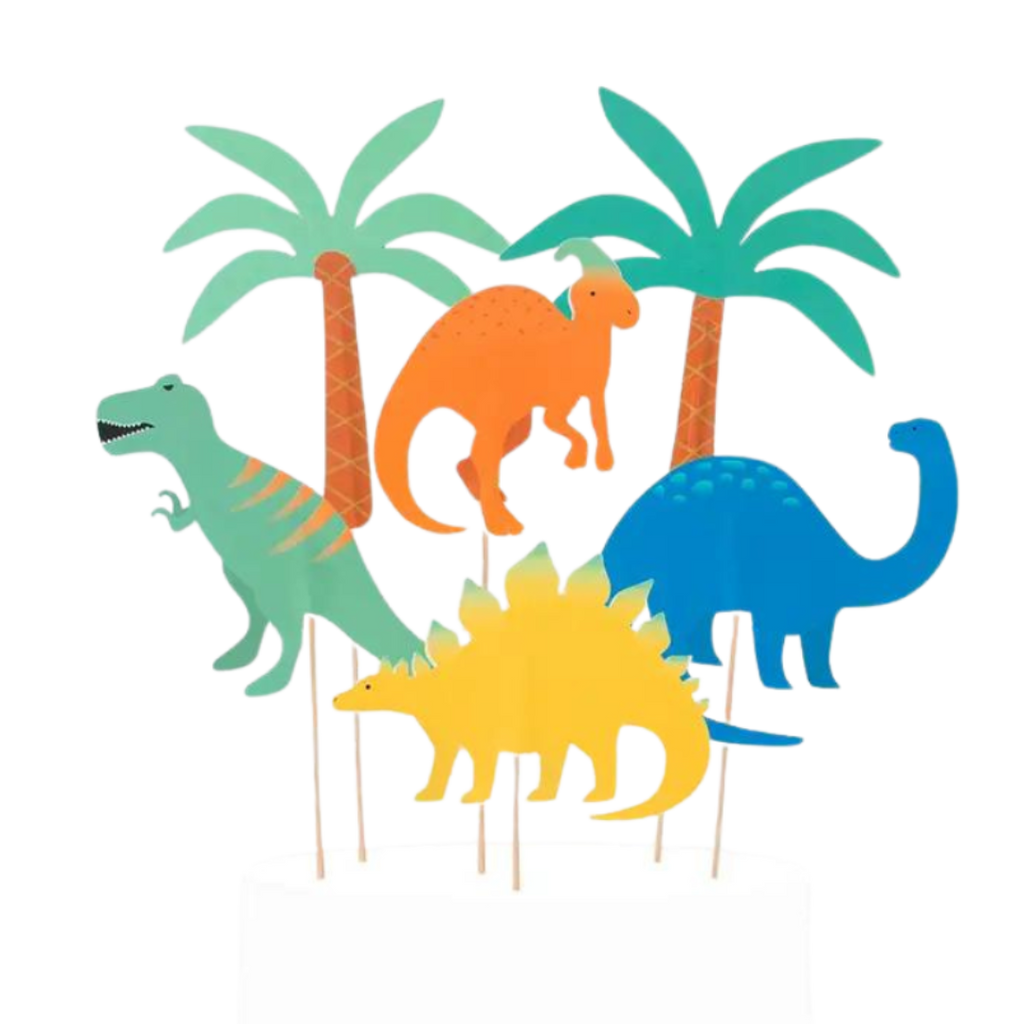 Multicolor dinosaur cake toppers with palm trees for kids birthday from Parte Haus party supply store in Bethesda MD