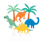 Multicolor dinosaur cake toppers with palm trees for kids birthday from Parte Haus party supply store in Bethesda MD
