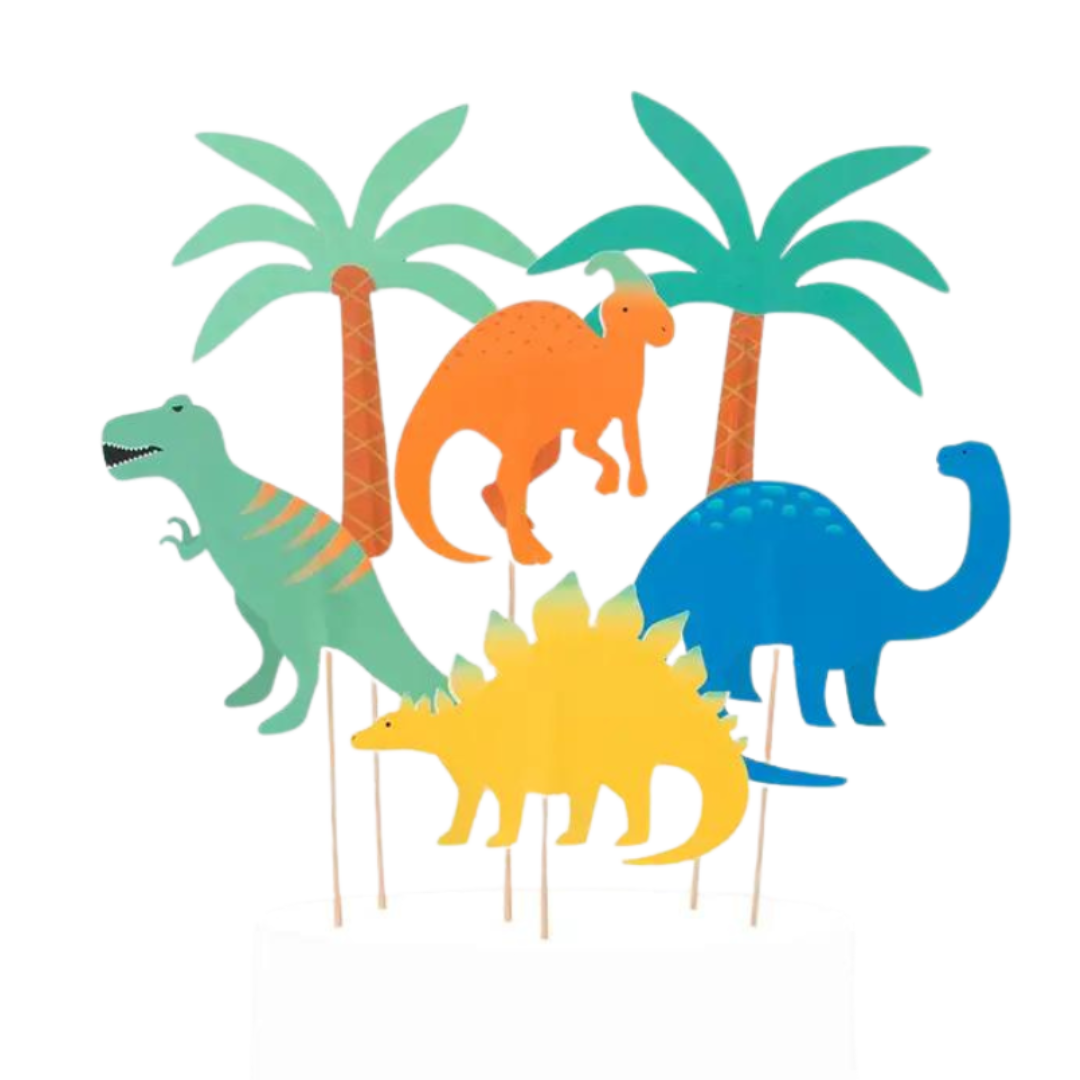 Multicolor dinosaur cake toppers with palm trees for kids birthday from Parte Haus party supply store in Bethesda MD