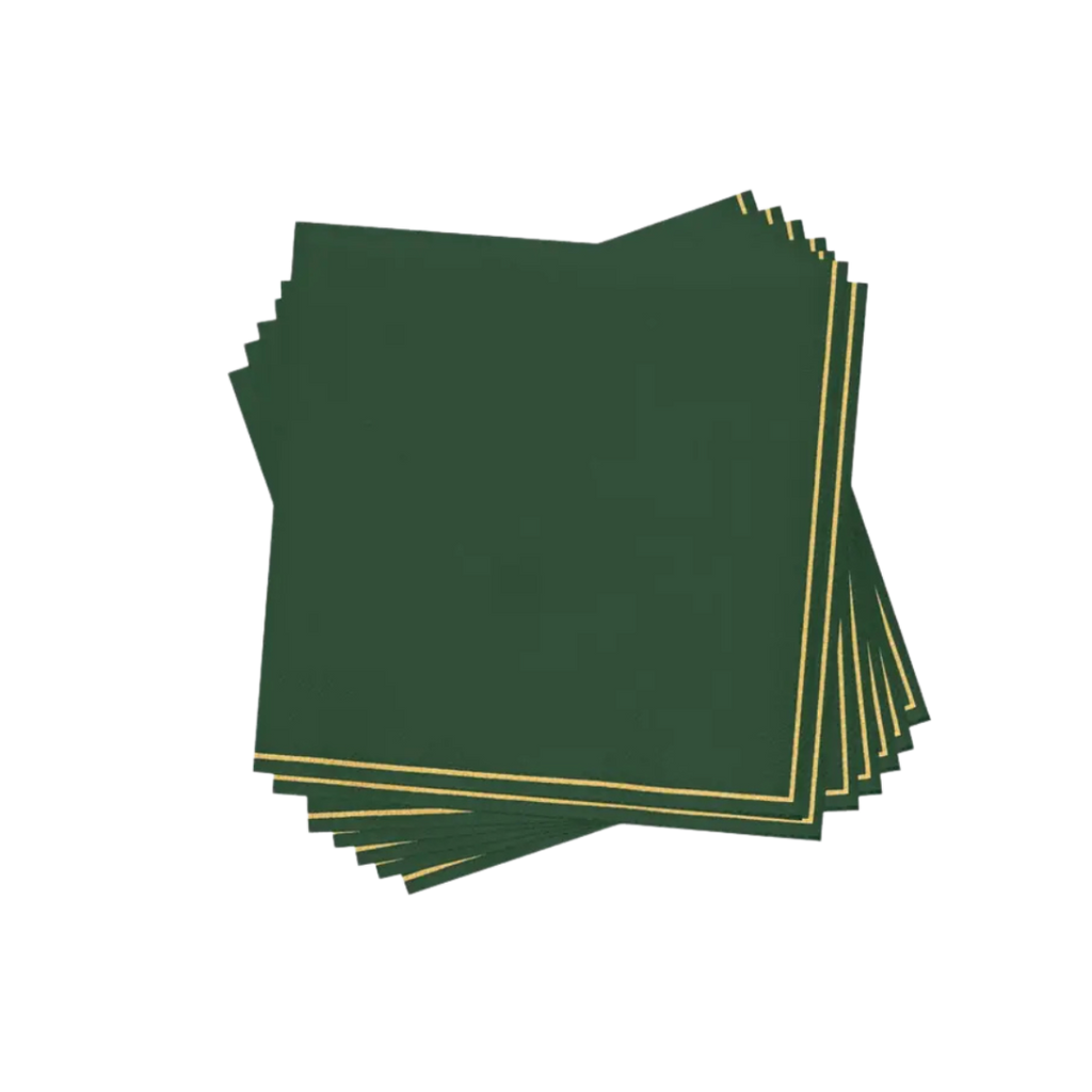 Green napkins with gold trim square elegant design from Parte Haus party supply store in Bethesda Maryland