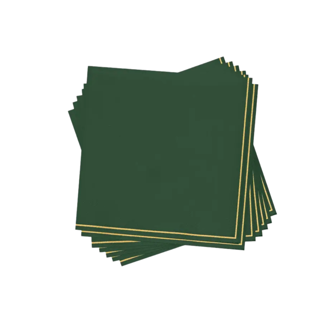 Green napkins with gold trim square elegant design from Parte Haus party supply store in Bethesda Maryland