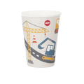 White construction theme paper cup with cranes and trucks for kids birthday from Parte Haus party supply store in Bethesda MD