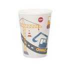 White construction theme paper cup with cranes and trucks for kids birthday from Parte Haus party supply store in Bethesda MD