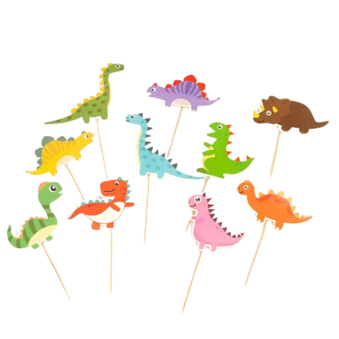 Colorful dinosaur cupcake toppers for kids dinosaur birthday theme from Parte Haus party supply store in Bethesda MD
