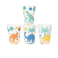 Multicolor dinosaur paper cups with playful dino and palm tree illustrations dinosaur birthday from Parte Haus party supply store in Bethesda MD