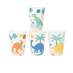 Multicolor dinosaur paper cups with playful dino and palm tree illustrations dinosaur birthday from Parte Haus party supply store in Bethesda MD