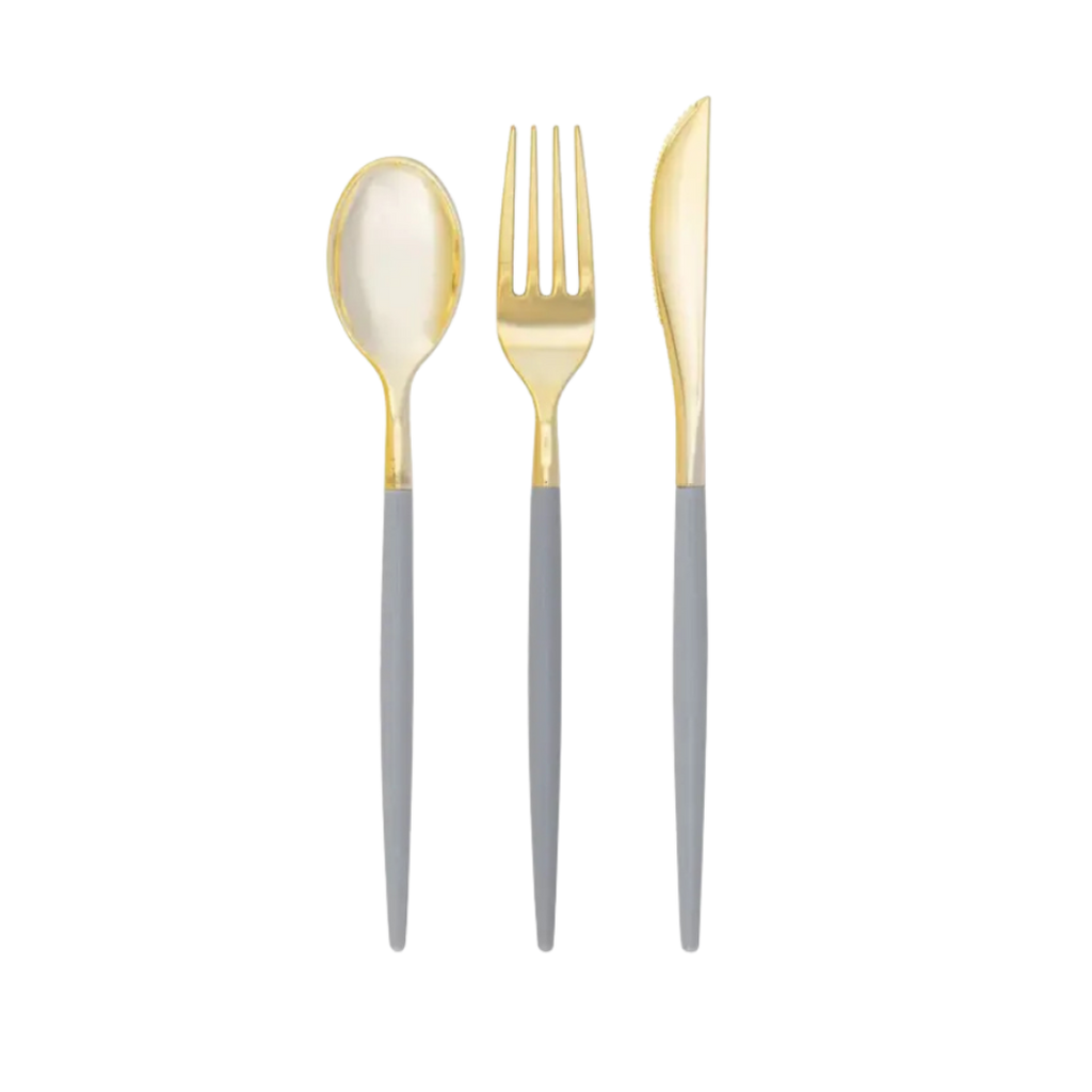 gold and gray cutlery set with modern design elegant table setting from Parte Haus party supply store in Bethesda Maryland