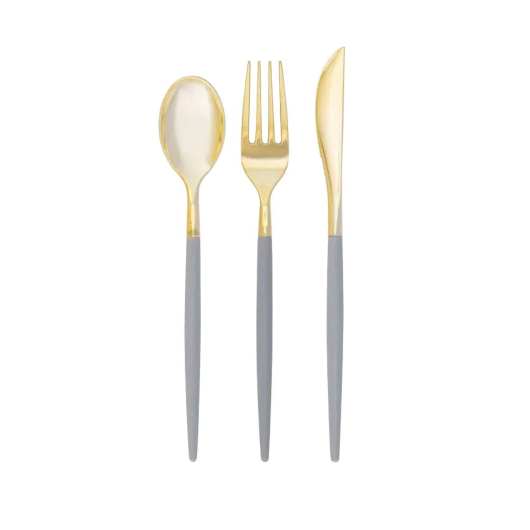 gold and gray cutlery set with modern design elegant table setting from Parte Haus party supply store in Bethesda Maryland