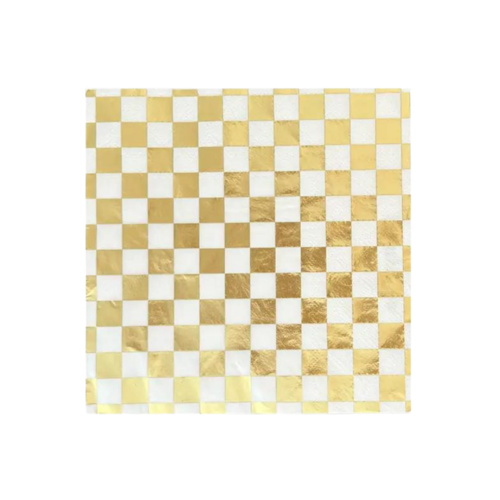 Gold and white checkered napkin with metallic finish for celebration from Parte Haus party supply store in Bethesda MD