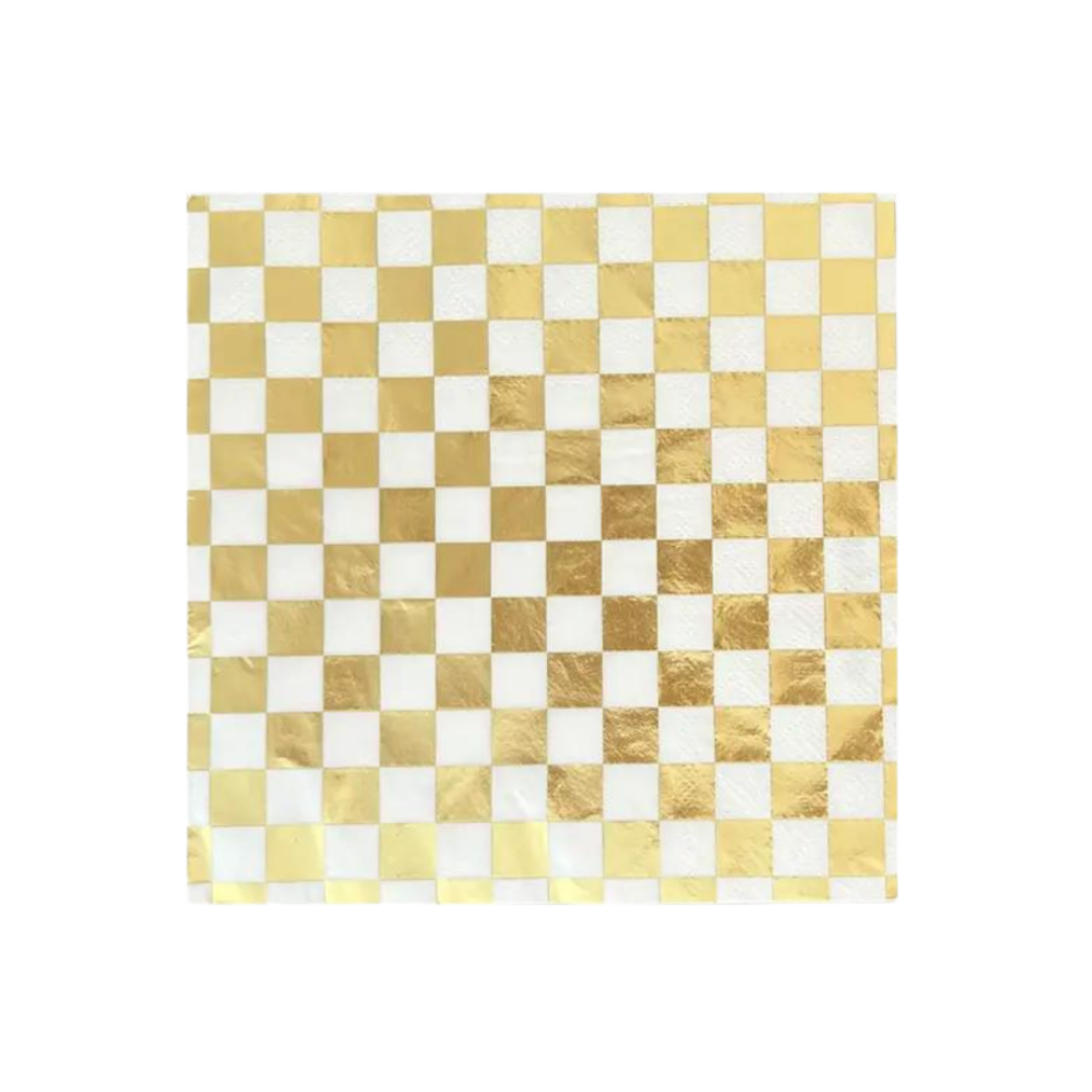Gold and white checkered napkin with metallic finish for celebration from Parte Haus party supply store in Bethesda MD