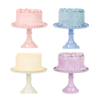 Pink blue yellow and lavender cake stands with cakes for birthdays from Parte Haus party supply store in Bethesda MD.