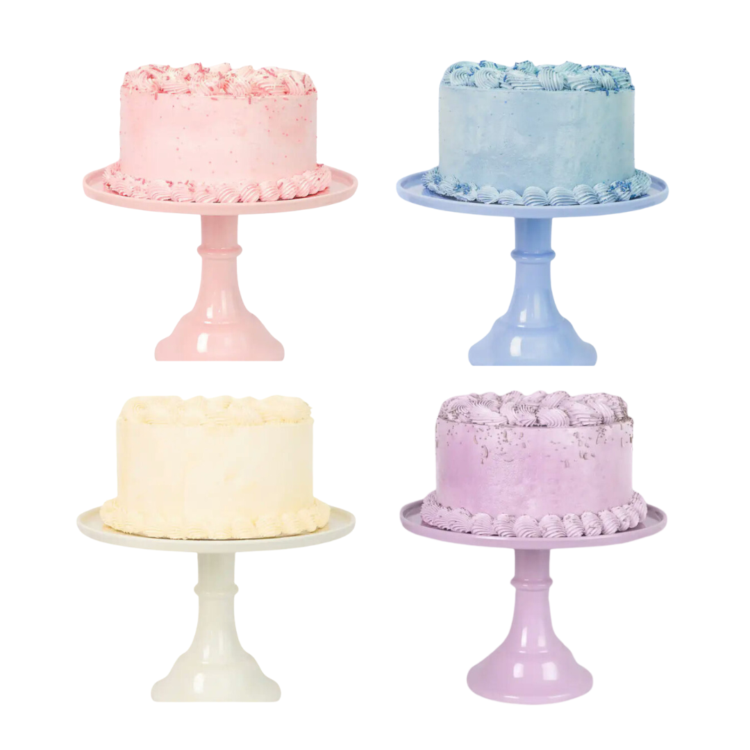 Pink blue yellow and lavender cake stands with cakes for birthdays from Parte Haus party supply store in Bethesda MD.