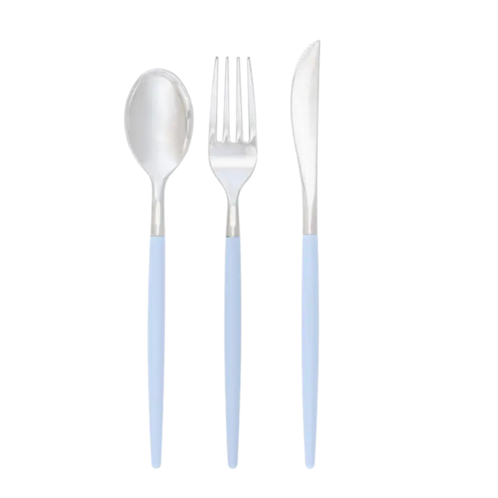 Light blue cutlery set with spoon fork and knife modern tableware for birthday from Parte Haus party supply store in Bethesda MD