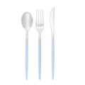Light blue cutlery set with spoon fork and knife modern tableware for birthday from Parte Haus party supply store in Bethesda MD