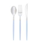 Light blue cutlery set with spoon fork and knife modern tableware for birthday from Parte Haus party supply store in Bethesda MD