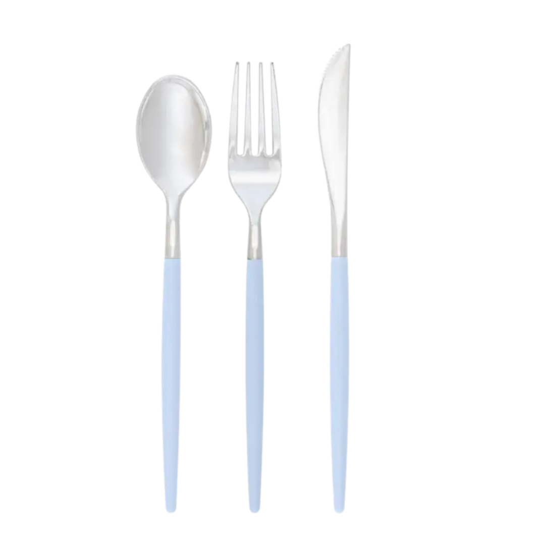 Light blue cutlery set with spoon fork and knife modern tableware for birthday from Parte Haus party supply store in Bethesda MD