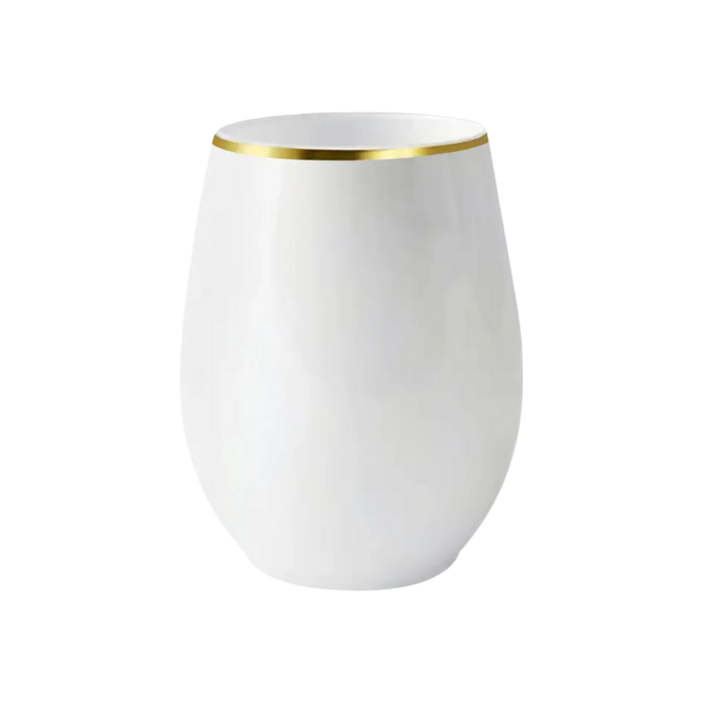White and gold rim wine tumbler modern drinkware for celebrations from Parte Haus party supply store in Bethesda Maryland