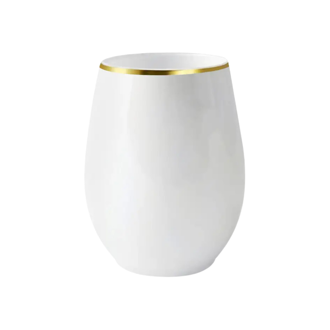White and gold rim wine tumbler modern drinkware for celebrations from Parte Haus party supply store in Bethesda Maryland