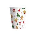 White Christmas paper cup with festive designs trees Santa and gingerbread from Parte Haus party supply store in Bethesda MD.